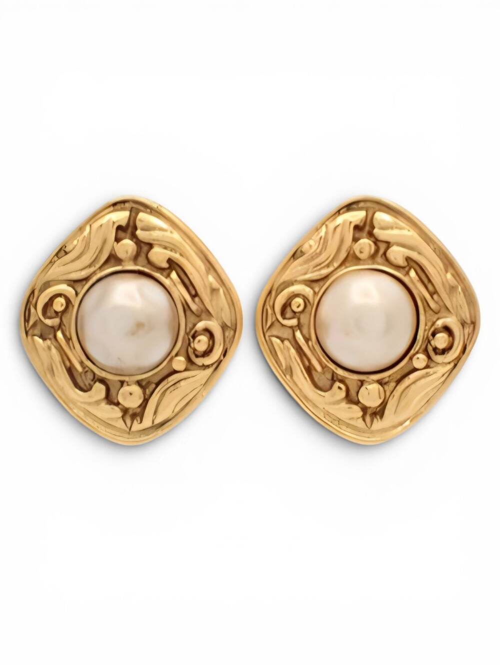 Chanel Gold Plated Faux Pearl Accent Statement Earrings Clip On Vintage